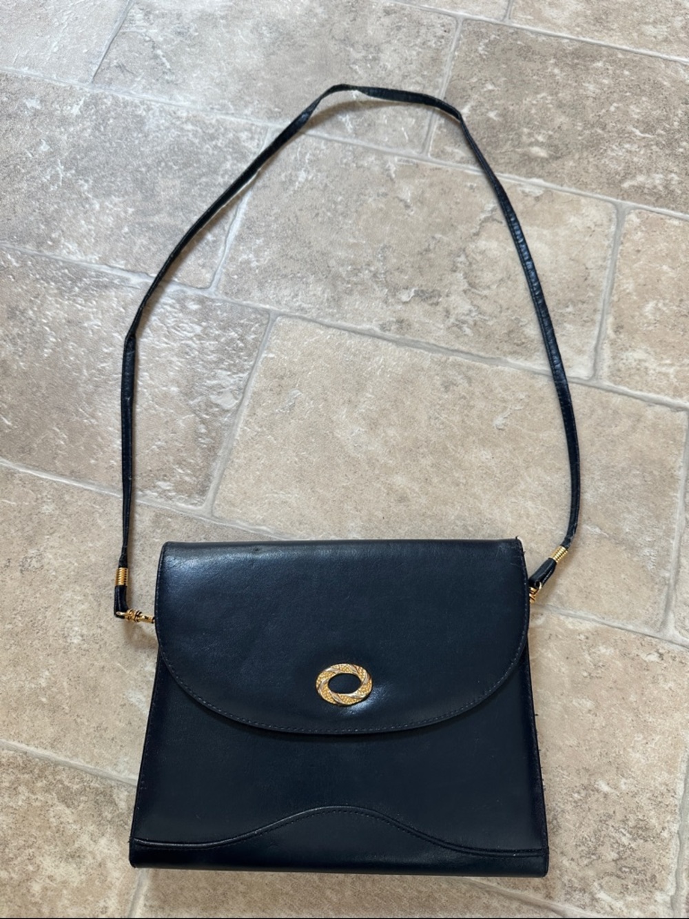 Classic Navy Leather Crossbody Shoulder Bag with Gold Accent